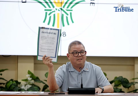 Agriculture Secretary Francisco Tiu Laurel Jr. shows a photocopy of his text exchange with former congressman Zaldy Co — along with a confidential report for Congress — in response to Co’s allegations of “price and import manipulation” of sugar, onion, rice, and fish. Tiu also denied claims that Co influenced the reduction of rice tariffs from 35 percent to 15 percent. The secretary refuted all accusations during a press conference at the Department of Agriculture office in Quezon City on Thursday. Photo by Analy Labor