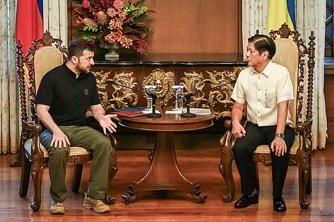 Ukrainian President Volodymyr Zelensky speaks with Philippine President Ferdinand Marcos Jr. during their meeting at the Malacañang presidential palace in Manila, June 3, 2024.
