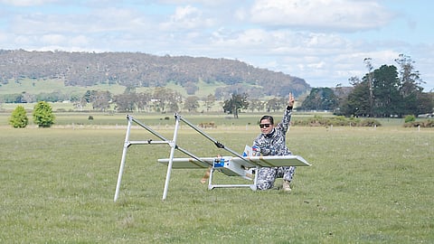 A PCG Aviation officer participates in a practical demonstration of fixed-wing drone operations in Melbourne, Australia.