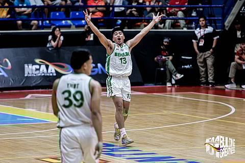 IAN Torres celebrates after lifting the Saint Benilde Blazers to a 74-72 win over the Mapua Cardinals in the quarterfinals of Season 101 NCAA men’s basketball tournament on Friday at the Filoil EcoOil Centre.