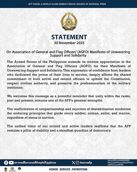 The Armed Forces of the Philippines released a statement on Sunday extending their appreciation to Association of General and Flag Officers (AGFO) on not supporting any destabilization efforts.