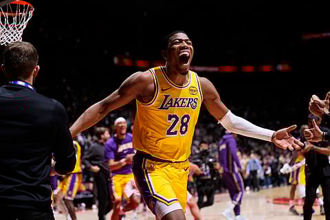 Rui Hachimura celebrates his first game-winner — a buzzer-beating triple — that powered the LA Lakers past the Toronto Raptors, 123-120, in the NBA.