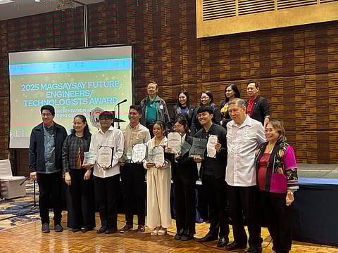 Finalists of the 2025 Magsaysay Future Engineers/Technologists Award pose with DOST and NAST officials on Thursday at Acacia Hotel, Muntinlupa City.