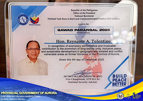 OPAPRU gave the late Governor Reynante A. Tolentino of Aurora a posthumous award for his contributions on projects and activities that resulted in long-lasting peace and order in the province during an award ceremony at Camp Aguinaldo on 04 December 2025.