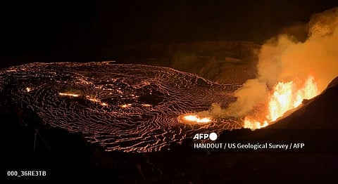This handout image provided by the US Geological Survey (USGS) shows a view of a new eruption within the summit caldera of Kilauea, Kaluapele, that began this morning at the Kilaeau volcano on Hawaii's Big Island, December 23, 2024, at approximately 2:20 am local time (12:20 GMT).
HANDOUT / US Geological Survey / AFP