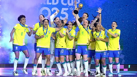 BRAZIL celebrates after beating Portugal, 3-0, to emerge as the first ever winner of the FIFA Futsal Women’s World Cup on Sunday at the PhilSports Arena in Pasig City.