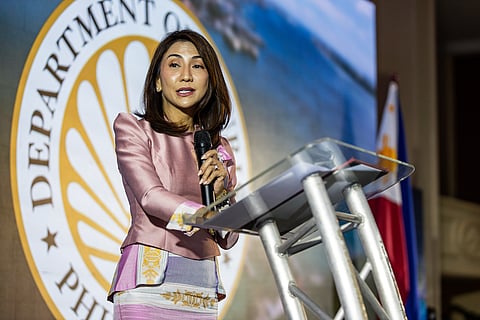 Tourism Secretary Christina Garcia Frasco speaks at the ceremonial signing of a memorandum of understanding with several media organizations for the ASEAN Tourism Forum 2026.