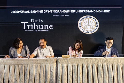TOURISM boost Department of Tourism Secretary Christina Garcia Frasco (second from right) and Chief of Staff and Undersecretary for Tourism Regulation, Coordination & Resource Generation Shahlimar Hofer Tamano (right), with DAILY TRIBUNE President Willie Fernandez (second from right) and Brand Communications executive director Chingkee Mangcucang (leftmost) sign a memorandum of understanding at Peninsula Manila in Makati City on Wednesday, 10 December. The DoT has partnered with major newspapers ahead of the ASEAN Tourism Forum, which the Philippines will host for the first time in January 2026. DT executive vice president Chingbee Fernandez was also present during the event.