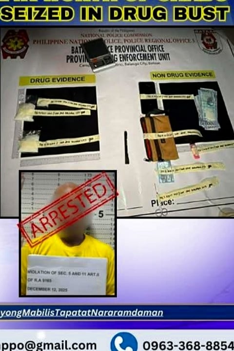 The Bataan Polive reported that some P714,000 worth of illegal drugs were seized during a buy-bust operation at Barangay San Jose, Balanga City, Bataan, on December 12, 2025.