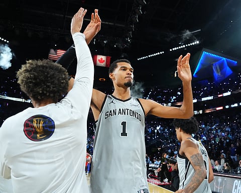 Victor Wembanyama #1 of the San Antonio Spurs celebrates during the game against the Oklahoma City Thunder during the Emirates NBA Cup 2025 Semifinals on December 13, 2025 at T-Mobile Arena in Las Vegas, Nevada.