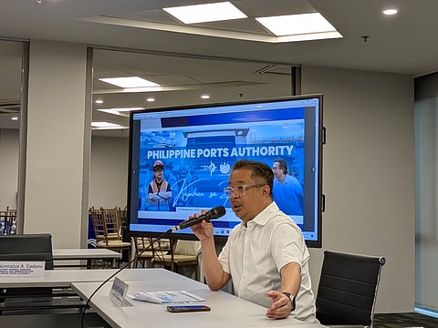 Atty. Jay Santiago, general manager of the Philippine Ports Authority (PPA), speaks during the Kapihan sa Pantalan on Monday, as the agency readies for an estimated 4.6 million passengers expected to pass through PPA-governed ports from 15 December to 5 January, with personnel on full alert and security measures heightened for the Christmas and New Year travel rush.
