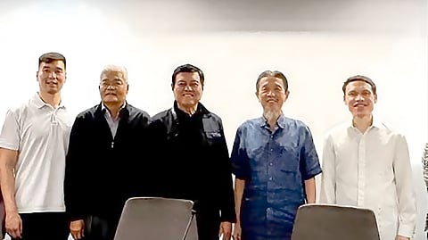 MANUEL Villar's PrimeWater is now under the control of the Lucio Co Group. Posing for the camera to mark the transfer of ownership of one of the country's largest private water networks are (from left) Vincent Co, Leonardo Dayao, Manuel B. Villar Jr., Lucio Co and Manuel Paolo A. Villar.