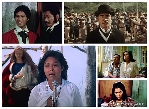A collage of popular scenes from iconic MMFF movies: Ganito Kami Noon Paano Kayo Ngayon, Jose Rizal, Himala, Kisapmata and Insiang