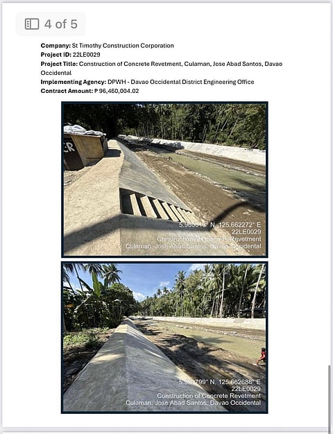 MGA DOKUMENTO at larawan ng DPWH ang nagpapakita na halos tapos na ang flood control project sa Culaman, Jose Abad Santos sa kabila ng mga kasong graft.