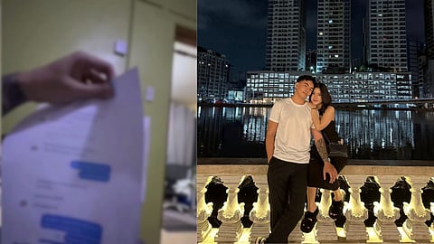 Vinz Jimenez (left) and Lean De Guzman (right) during happier times, alongside a screenshot of the messages that revealed her alleged infidelity.