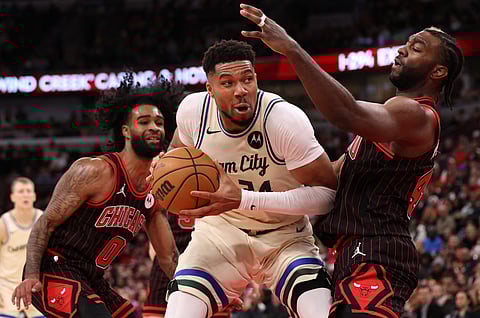 GIANNIS Antetokounmpo of the Milwaukee Bucks attacks Patrick Williams of the Chicago Bulls in his return following an eight-game layoff due to a calf strain.