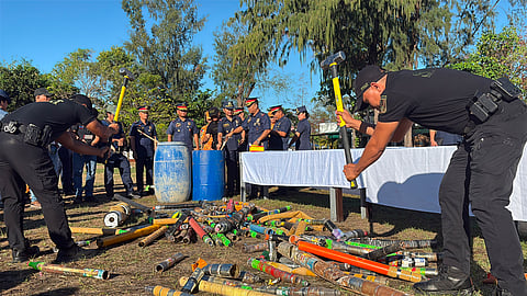 THE Pangasinan Police Provincial Office, in coordination with the Bureau of Fire Protection, simultaneously crushes, soaks and destroys confiscated illegal fireworks and pyrotechnic devices at Camp Gov. Antonio U. Sison in Lingayen, Pangasinan.