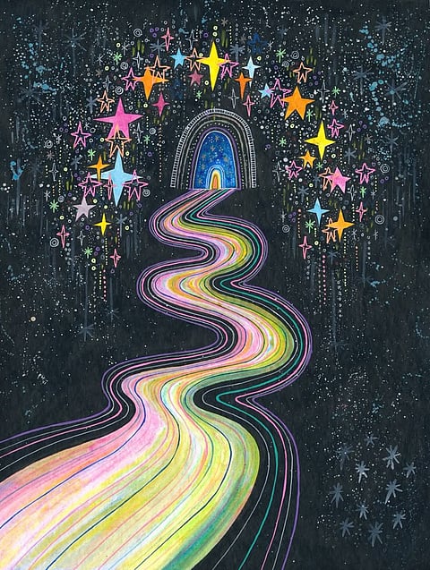 "NEW path reveals itself," ink on paper painting by inkflowergarden on Tumblr.