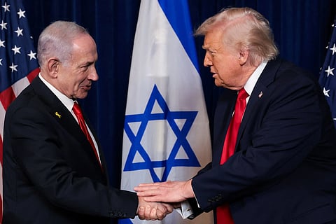 US President Donald Trump with Israel Prime Minister Benjamin Netanyahu during press conference after meeting at Trump’s Mar-a-Lago club in Palm Beach, Florida, U.S.