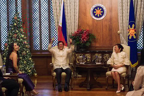 PRESIDENT Ferdinand R. Marcos Jr. (center) and First Lady Liza Araneta-Marcos (right) are animated in welcoming Filipino-American singer Jessica Sanchez (left), grand winner of the 20th season of ‘America’s Got Talent,’ during a courtesy call at the President’s Hall on 30 December 2025.