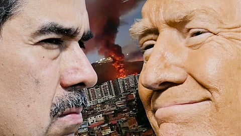 WHAT in the blazes?! Plumes of fire overwhelm Fuerte Tiuna, Venezuela’s largest military complex, after a series of explosions in Caracas on 3 January. The ‘large-scale military strike’ came after US President Donald Trump (right) raised the possibility of ground strikes against Venezuela, accusing Venezuelan President Nicolas Maduro (left) of leading a trafficking organization that aims to destabilize the US by flooding it with drugs, reports say. Maduro in turn alleged that Washington has its eyes on the Latin American country’s oil and mineral resources.