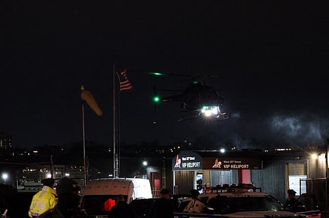 A helicopter carrying ousted Venezuelan president Nicolas Maduro comes in to land at the Westside Heliport in New York on January 3, 2026. Venezuelan President Nicolas Maduro arrived Saturday evening at a military base in the United States after his capture by US forces in Caracas. Maduro was seen surrounded by FBI agents as he descended the boarding stairs of a US government plane at a New York state National Guard facility, and was slowly escorted along the tarmac.