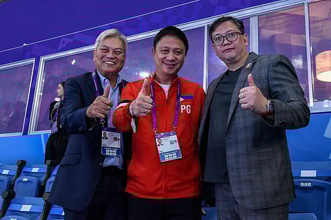 PHILIPPINE Football Federation president John Gutierrez (right) thanks Philippine Sports Commission chairman Patrick ‘Pato’ Gregorio (middle), International Football Federation Council member Mariano ‘Nonong’ Araneta and other individuals who worked hard to make the country’s hosting of the FIFA Women’s Futsal World Cup last November a success.