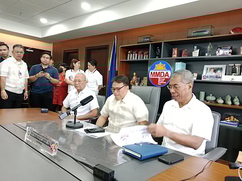 MMDA CHAIRMAN Romando Artes flanked by Deputy CHAIRMAN Frisco San Juan and GM Nicolas Torre III, revealed the intention of the agency to be involved in flood control and Infra projects planning in NCR. Photo for Daily TRIBUNE by Alvin Murcia