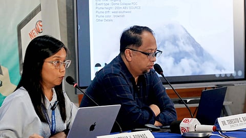 PHILIPPINE Institute of Volcanology and Seismology director Dr. Teresito Bacolcol (right) and Volcano Monitoring and Eruption Prediction Division chief Ma. Antonia V. Bornas on Tuesday provide updates on the monitoring of Mayon Volcano which is now on Alert Level 3.
