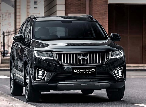 OKAVANGO ELITE appears as part of Geely’s broader lineup, shown alongside its push toward next-generation vehicle intelligence.