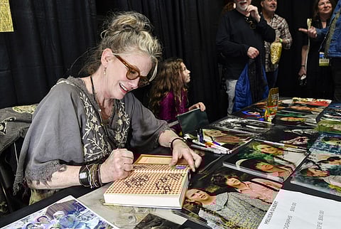 US actress Melissa Gilbert signs autographs for fans during "The Little House on the Prairie" 50th anniversary cast reunion and festival in Simi Valley, California, March 23, 2024.