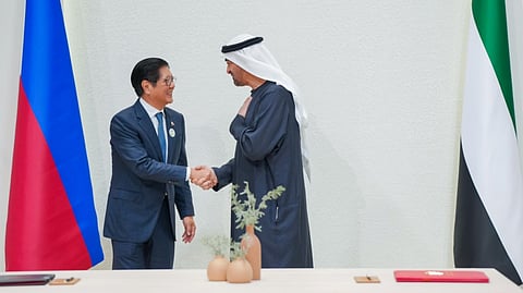 PRESIDENT Ferdinand R. Marcos Jr. (left) shakes the hand of Royal Highness Sheikh Mohamed bin Zayed Al Nahyan of the United Arab Emirates after the signing of the Comprehensive Economic Partnership Agreement last 13 January 2026.
