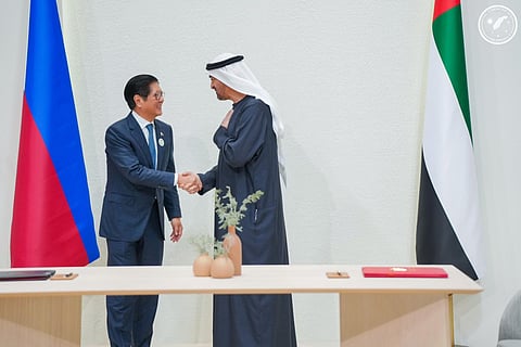 President Ferdinand Marcos Jr (left) shakes the hand of Royal Highness Sheikh Mohamed bin Zayed Al Nahyan of the United Arab Emirates after the signing of the Comprehensive Economic Partnership Agreement last 13 January.