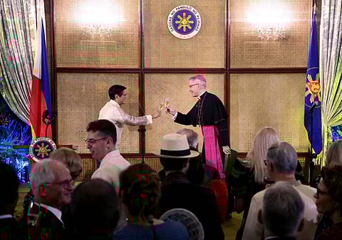President Ferdinand Marcos, Jr. hosted the first vin d’honneur of the year at the Ceremonial Hall in Malacañan Palace with
Papal Nuncio Charles John Brown. The “Vin d’honneur” is a diplomatic event, held during New Year's Day and Independence Day,
which features a toast exchanged between the President of the Philippines and the Papal Nuncio, who is the Dean of the
Diplomatic Corps along with Ambassadors heads of international organizations.
