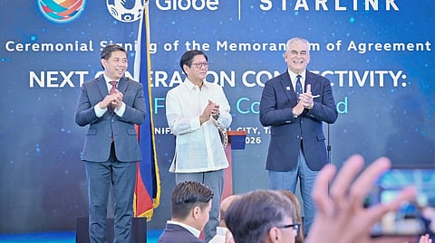 LINK made in heaven President Ferdinand Marcos Jr. (center) with Information and Communications Secretary Henry Aguda (left) and Globe Chairman Jaime Augusto Zobel de Ayala join the signing of a memorandum of agreement between Globe and Starlink at Globe Tower, BGC, Taguig City on 16 January 2026.