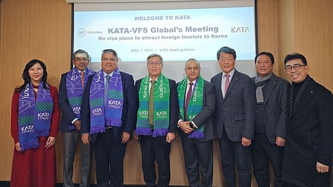 VISA made easy (from left) Eunhey Kim, country manager-South Korea, VFS Global; Atul Lall, regional head-North Asia, VFS Global; Dilliprashad Joshi, deputy CFO, VFS Global; Lee Jinseok, chairman, KATA; Kishen Singh, COO-China, VFS Global; Tsou Hsin Chiang, chairman of the International Cooperation Committee, KATA; Wang The Shin, director, KATA (CEO, Hoin Tour) and Jin Cheng Xiu, director, KATA (CEO, KCCT).