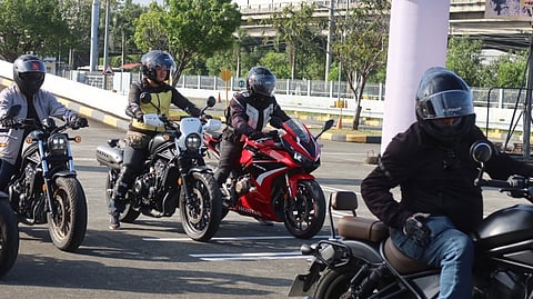 RIDERS line up on Honda motorcycles during a public riding activity that shows the brand’s wide mix of commuter and leisure models.