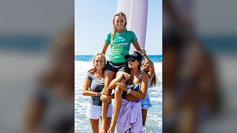 CASH Hoover of the United States celebrates after emerging victorious in the World Surf League La Union International Pro World Longboard Tour Qualifier in San Juan, La Union.