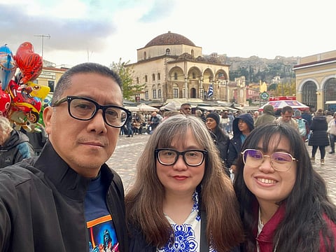 REPORTER Nick Giongco (top left photo, from left), along with his wife Cathleen and daughter Audrey, soaking up the ancient sights and sounds under the Grecian sun.