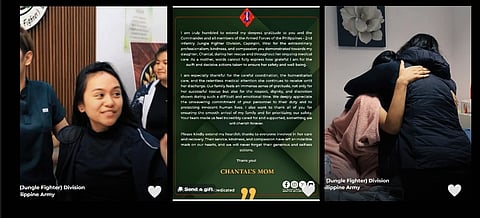 Photo shows Chantal at 2ID receiving care after Jan 8 rescue in Mindoro (L), mom’s letter thanking AFP (M) and the emotional embrace before US return on Jan 30 (R).