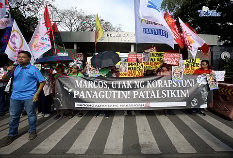 BAGONG Alyansang Makabayan staged a protest at the House of Representatives in Quezon City on Wednesday, 4 February 2026, the same day the House Committee on Justice voted on the impeachment complaint against President Ferdinand Marcos Jr.