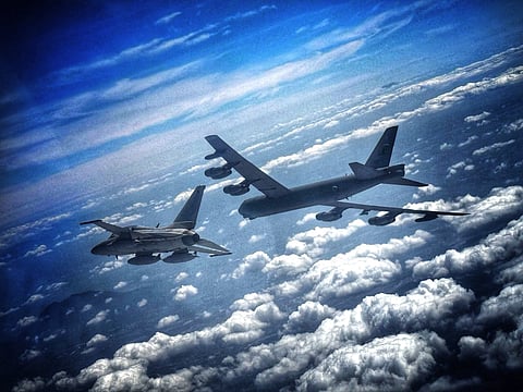 FA-50PH fighter aircraft flies alongside a U.S. B-52 bomber aircraft during the Bilateral Bomber Air Patrol over the Luzon Strait on February 4, 2026. (Photo Courtesy of 5th Fighter Wing)