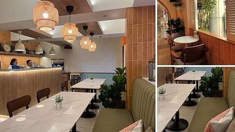 THYME and Again, a small, newly opened restaurant designed to feel deliberately removed from the street. The space reads immediately as Mediterranean, with warm off-whites, clay and terracotta tones softened by sage and olive greens that recall Southern Europe, particularly coastal Italy.