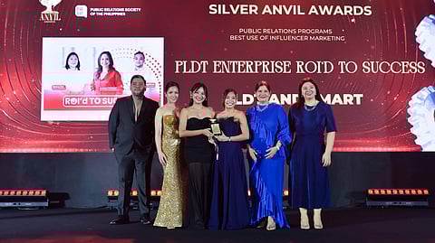 PLDT Enterprise wins a Silver Anvil at the 61st Anvil Awards for its ROI’d to Success campaign, with first vice president and head of brand management Julie Carceller (second from left) joining the award recipients.