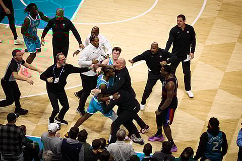 TEMPERS flare as Moussa Diabate of the Charlotte Hornets and Jalen Duren of the Detroit Pistons spark an ugly brawl that led to the ejection of four players during their NBA regular season game.