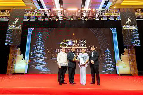 DBP Senior Vice President Mario Rey T. Morales (second from left) and Senior Assistant Vice President Shirley Mae B. Serate (second from right), together with Senior Vice President Francis Thaddeus L. Rivera (rightmost) and First Vice President Jeshryl D. Aranzaso (leftmost), received the Gold Trophy and Certificate of Merit during the 12th Asia Corporate Excellence and Sustainability (ACES) Awards in Bali, Indonesia recognizing DBP’s contribution in Mindanao State University–Buug Forest Project and Department of Agriculture’s Agri-Puhunan at Pantawid Program.