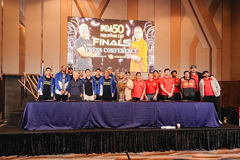 Talk and Text Tropang 5G and San Miguel Beermen together with PBA Commissioner Willie Marcial with the PBA Philippines Cup trophy during the PBA Finals Press Conference presented by ArenaPlus.