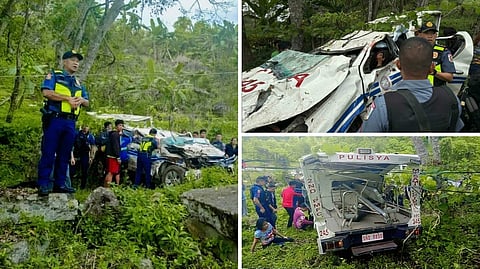 THREE police officers and a tourism worker die after their patrol vehicle plunges into a ravine in Duminagat on Friday. Authorities have launched an investigation; identities are withheld pending family notification.