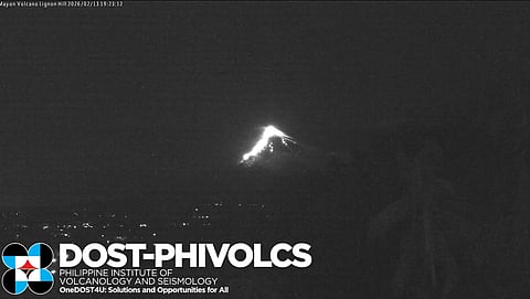 A screen grab from the Philippine Institute of Volcanology and Seismology’s 30-second time-lapse video shows Mayon Volcano in Albay effusing lava at 7:21 p.m. on Friday.