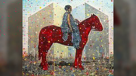 ‘THESE Appearing Lands’ Galleria Duemila by Leonardo Aguinaldo, layered woodcut prints, acrylic, correction tape on canvas 183.88 x 213.cm, 72 x 84 in.